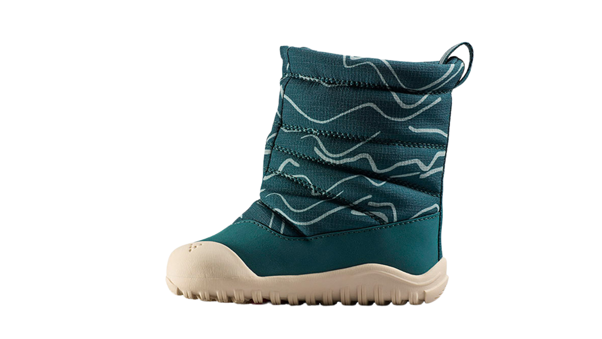 Barfußwinterstiefel, geschlossene Zehen und geschlossener Fersenbereich, Klettverschluss, profilierte Sohle, Seitenansicht innen, Einzelschuh