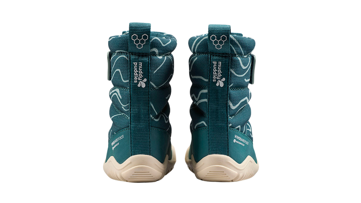 Barfußwinterstiefel, geschlossene Zehen und geschlossener Fersenbereich, Klettverschluss, profilierte Sohle, Rückansicht, Paar