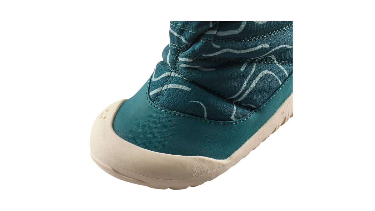 Barfußwinterstiefel, geschlossene Zehen und geschlossener Fersenbereich, Klettverschluss, profilierte Sohle, Detailansicht