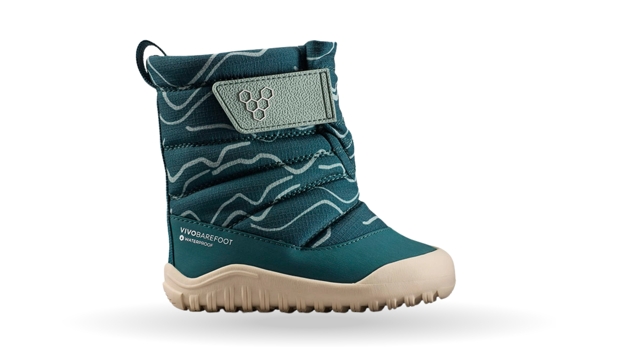 Barfußwinterstiefel, geschlossene Zehen und geschlossener Fersenbereich, Klettverschluss, profilierte Sohle, Seitenansicht außen, Einzelschuh