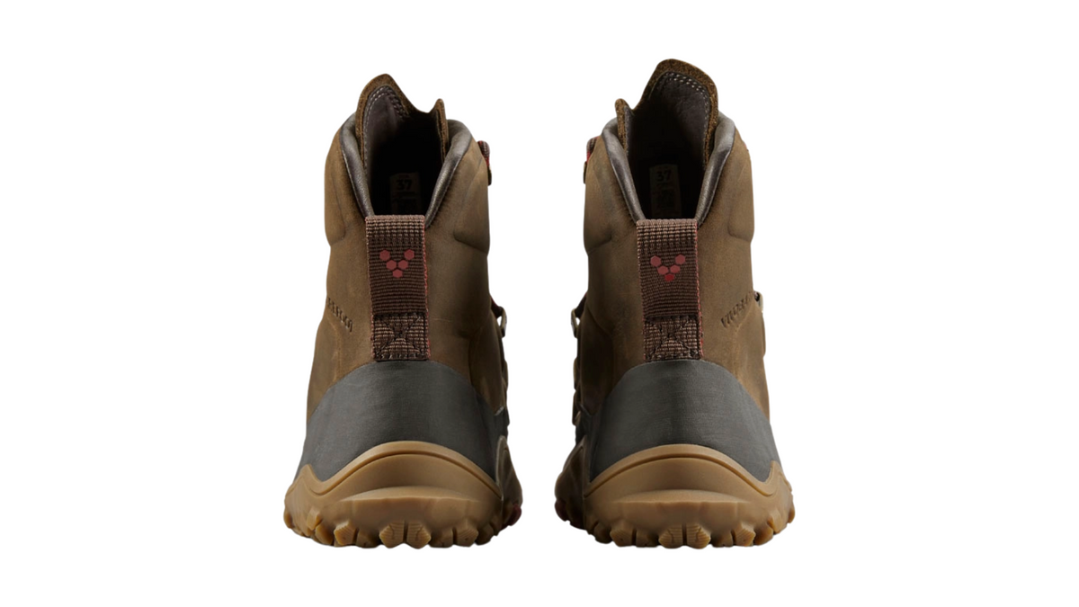 Barfußstiefel mit Schnürung, breite Zehenbox, flexible Sohle, hoher geschlossener Schaft, geschlossener Fersenbereich, Rückansicht als Paar