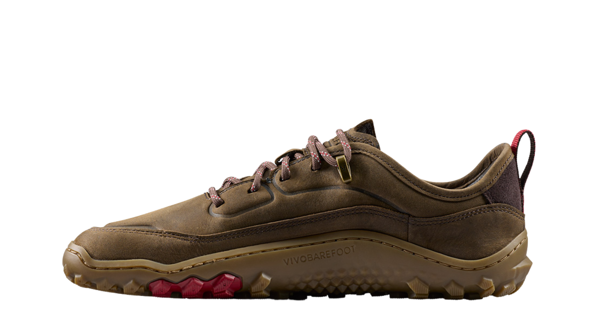 Barfußschuh, geschlossene Zehen und geschlossener Fersenbereich, Schnürung mit Ösen, profilierte Sohle, Seitenansicht innen, Einzelschuh