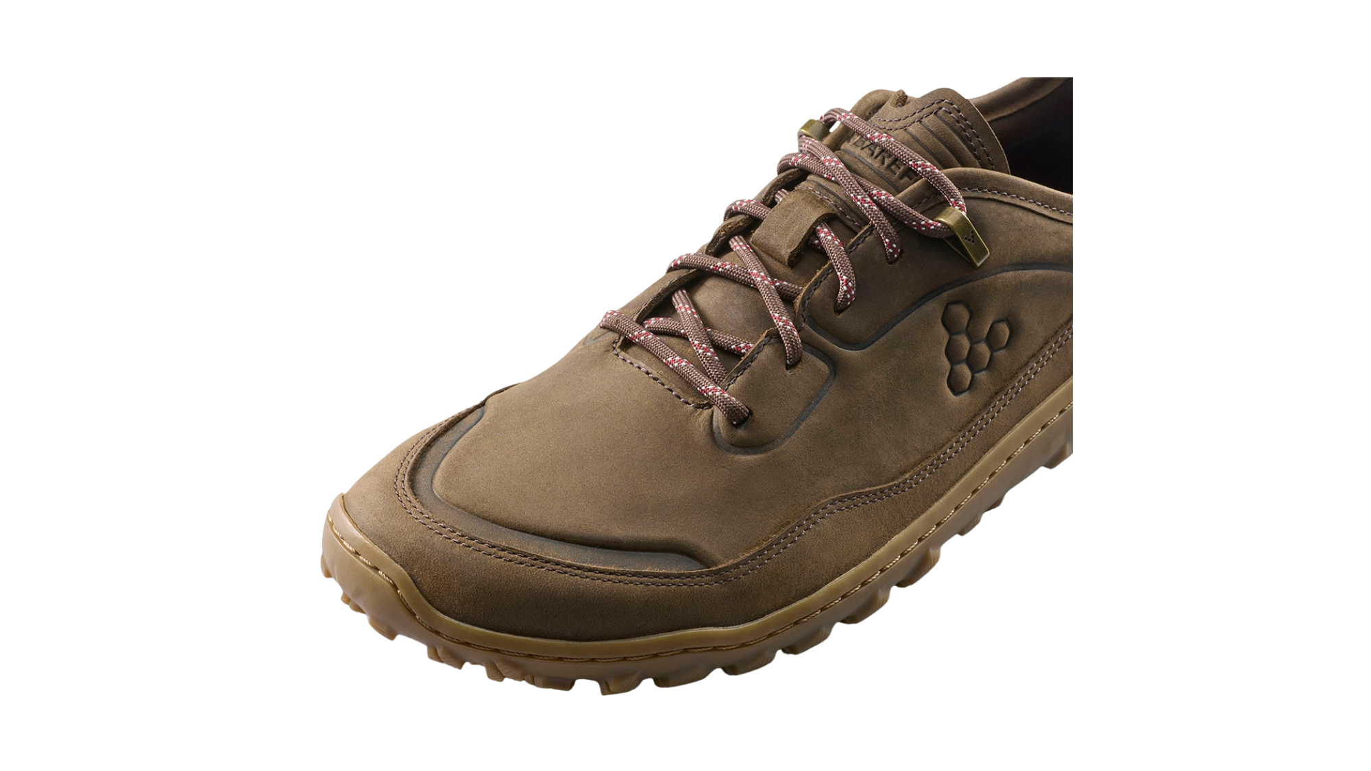 Barfußschuh, geschlossene Zehen und geschlossener Fersenbereich, Schnürung mit Ösen, profilierte Sohle, Detailansicht Schnürung