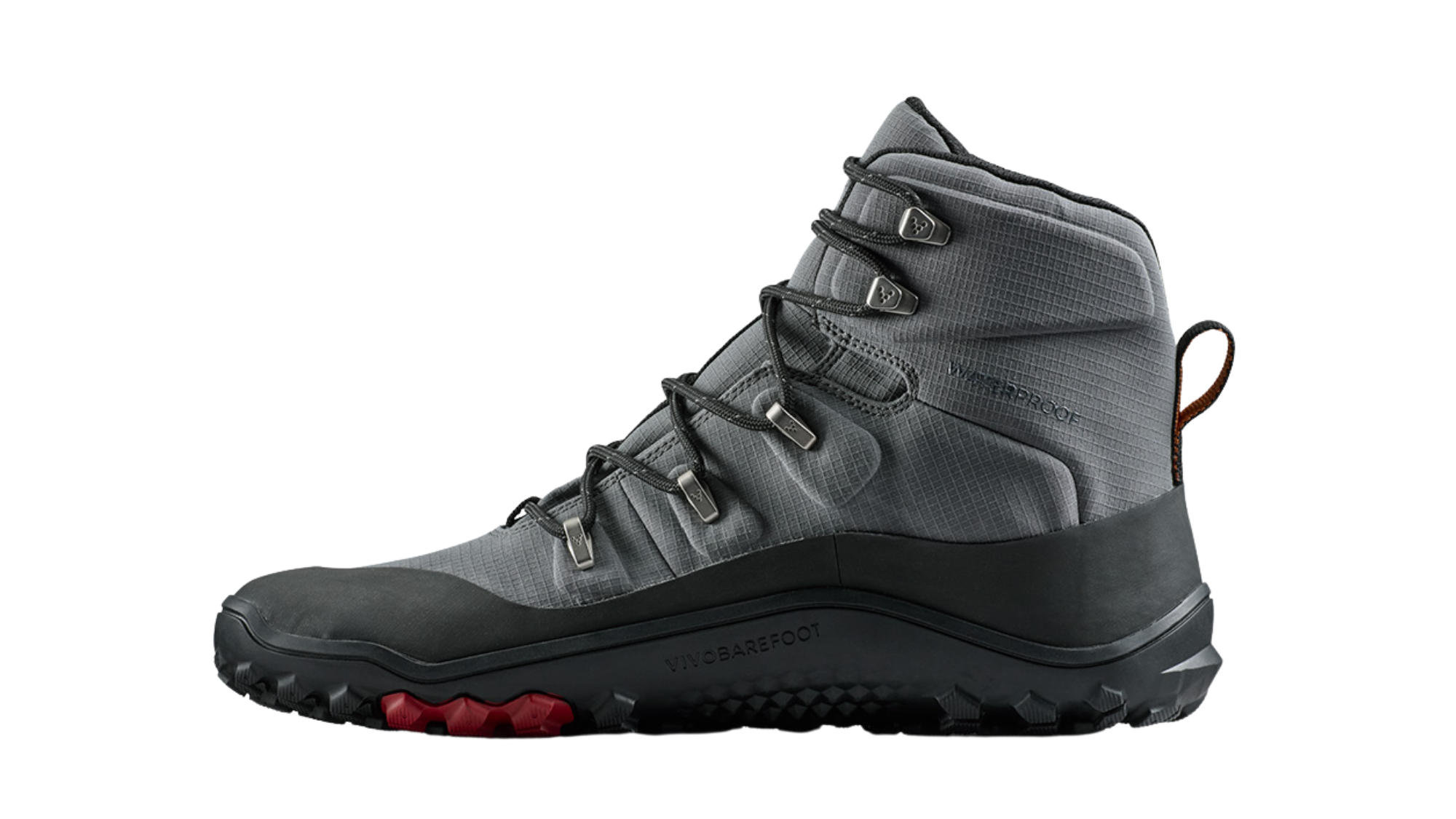 Barfußwanderstiefel, geschlossene Zehen und geschlossener Fersenbereich, Schnürung mit Ösen, profilierte Sohle, Seitenansicht innen, Einzelschuh