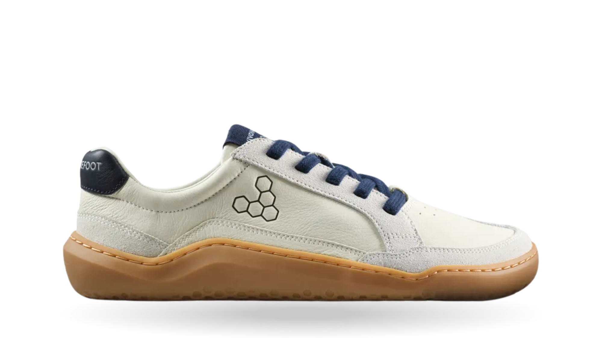 Barfußledersneaker für Erwachsene mit Schnürung, breiter Zehenbox und flexibler Sohle, Seitenansicht außen