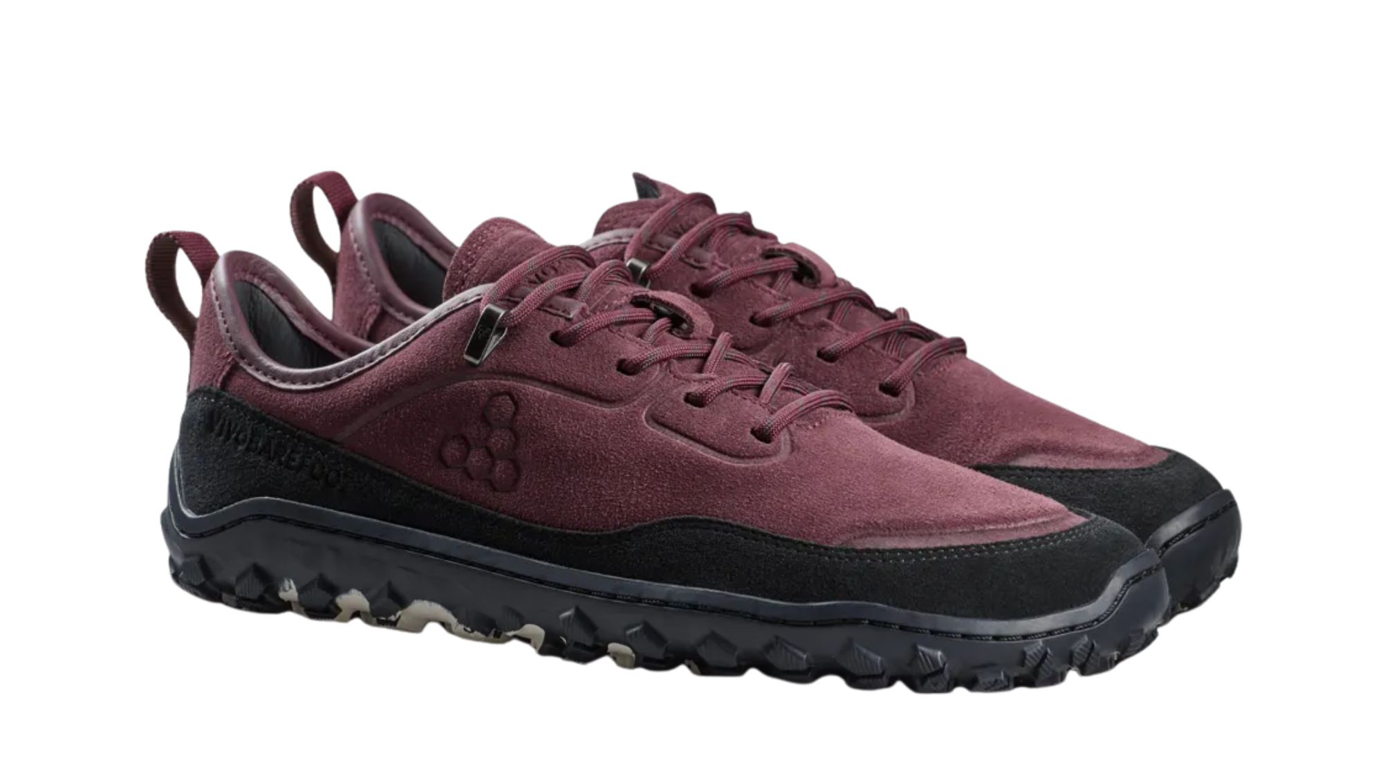 Barfußwanderhalbschuh für Damen als Paar mit Schnürung, breiter Zehenbox und profilierter Sohle, schräge Vorderansicht