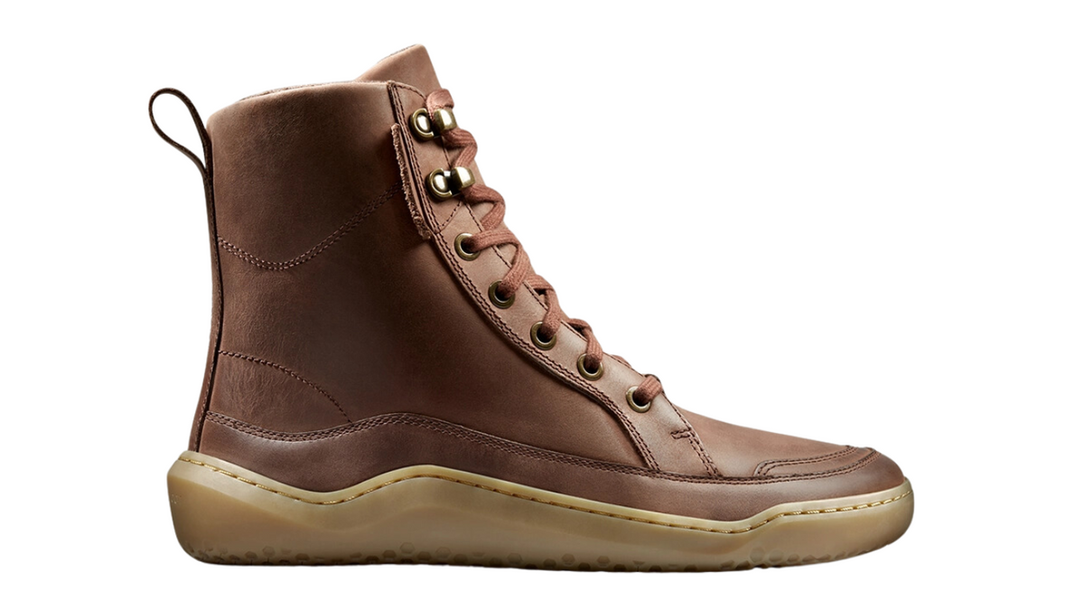 Barfußstiefel für Erwachsene mit Schnürung, breiter Zehenbox und geschlossenem Schaft, Seitenansicht außen