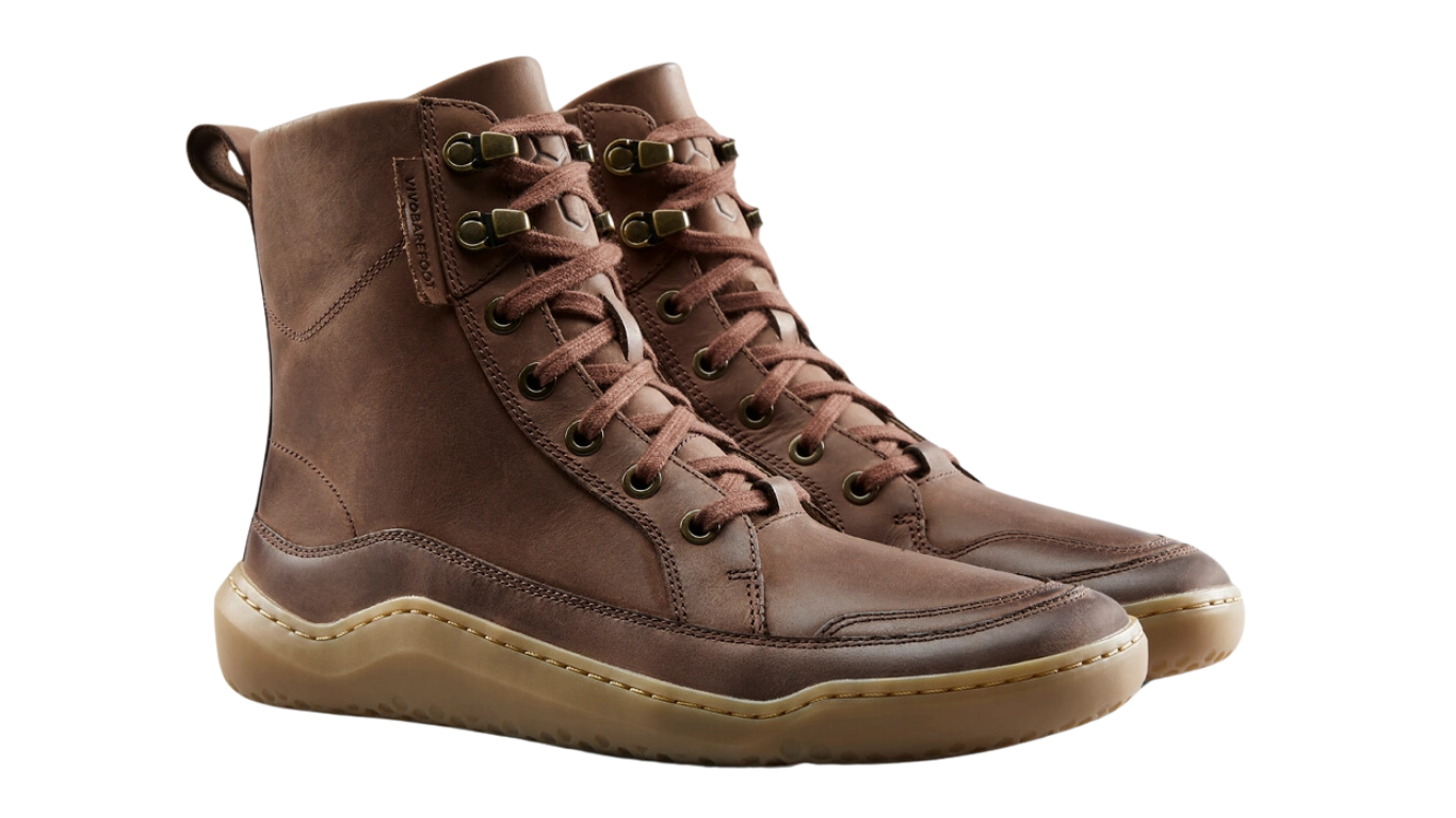 Barfußstiefel für Erwachsene mit Schnürung, breiter Zehenbox und geschlossenem Schaft, schräge Vorderansicht als Paar