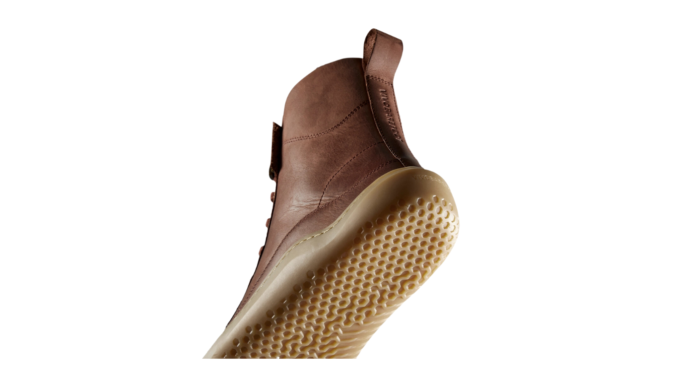 Barfußstiefel für Erwachsene mit Schnürung, breiter Zehenbox und geschlossenem Schaft, Detailansicht Ferse