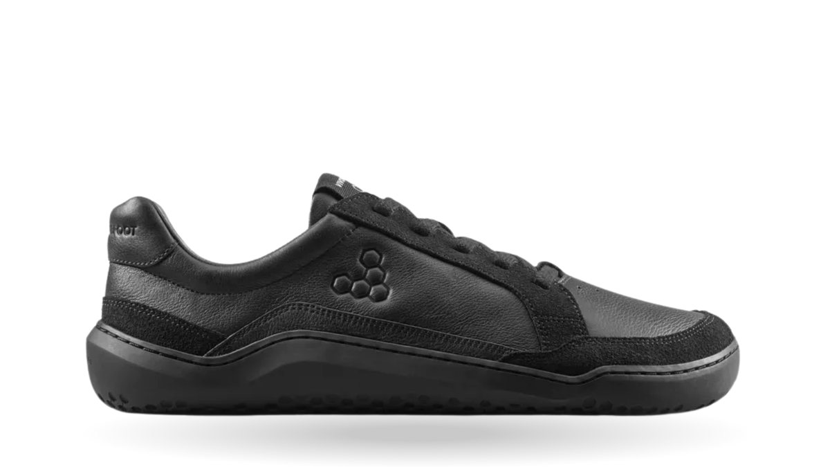 Barfußledersneaker für Erwachsene mit Schnürung, breiter Zehenbox und flexibler Sohle, Seitenansicht außen