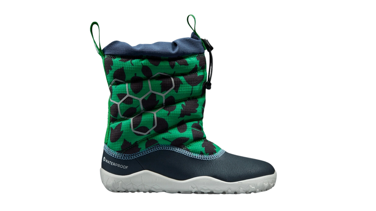 Barfußwinterstiefel für Kinder ohne Verschluss mit breiter Zehenbox und geschlossenem Schaft, Seitenansicht außen