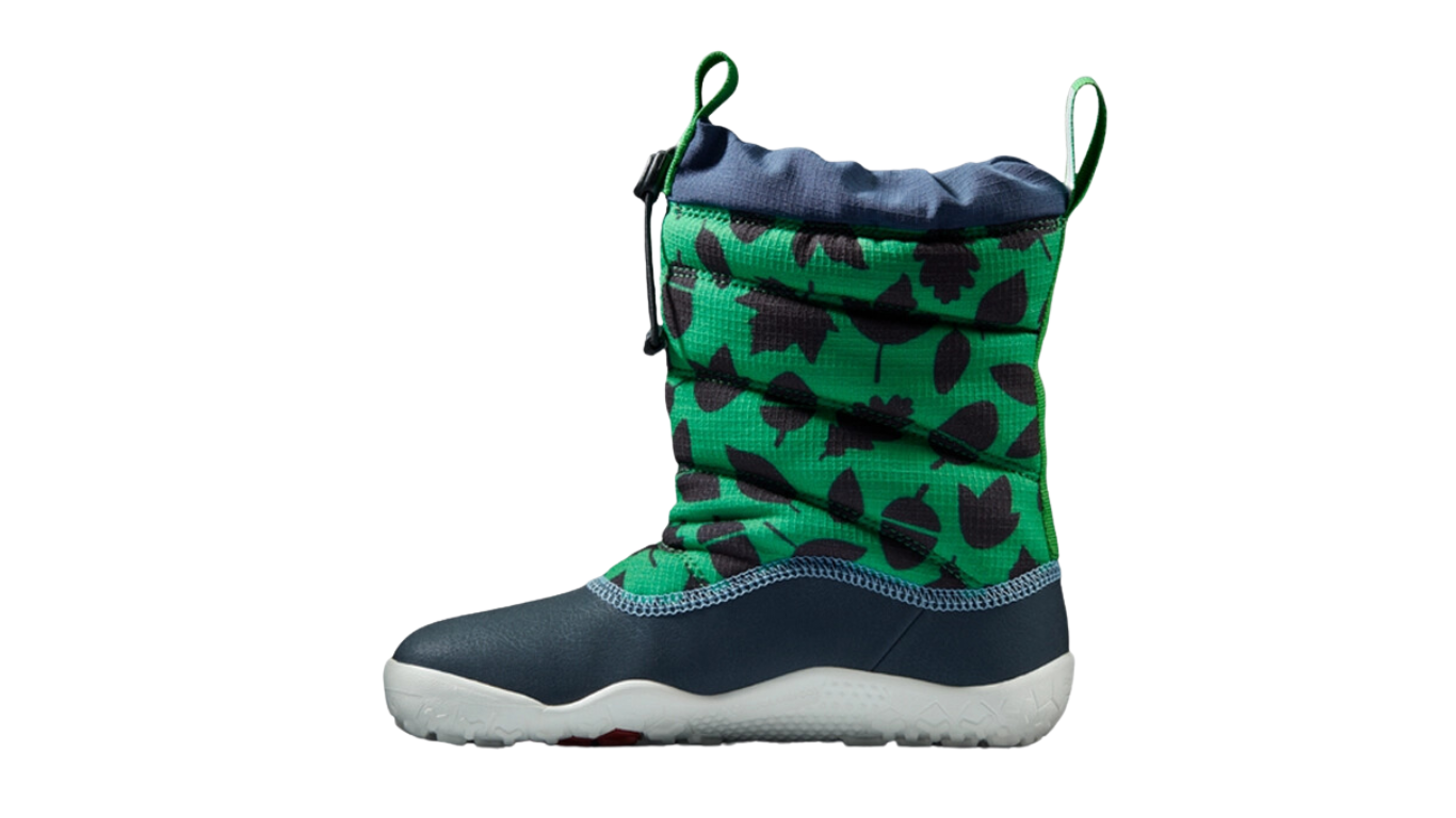 Barfußwinterstiefel für Kinder ohne Verschluss mit breiter Zehenbox und geschlossenem Schaft, Seitenansicht außen