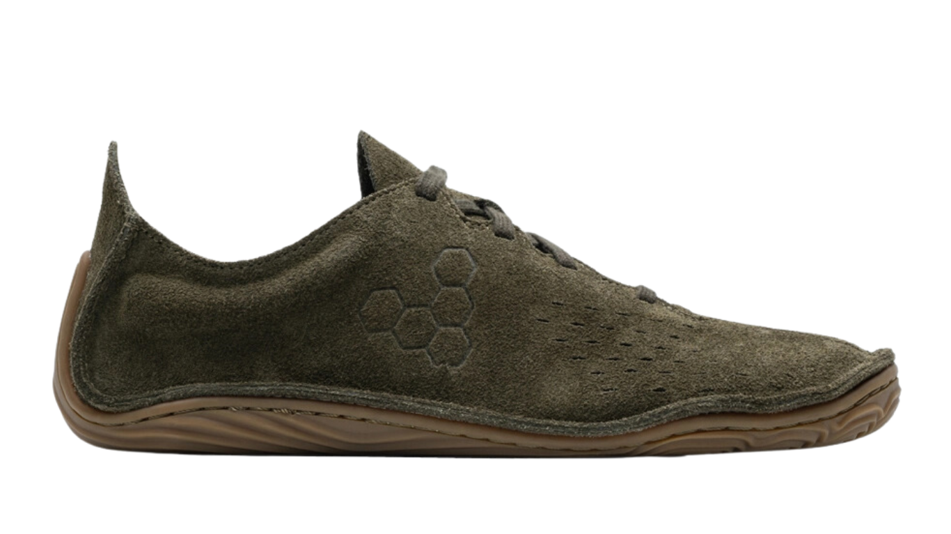 Barfußschuh mit Schnürung, breite Zehenbox, flexible Sohle, geschlossener Fersenbereich, Seitenansicht außen, einzelner Schuh