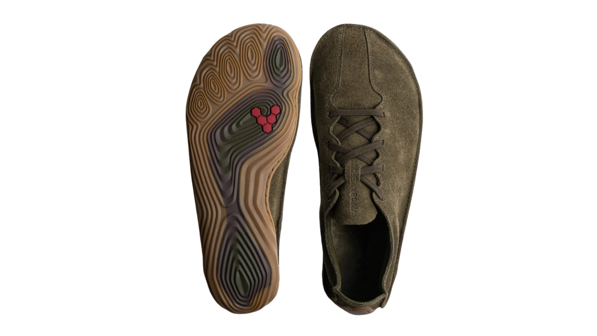 Barfußschuh mit Schnürung, breite Zehenbox, flexible Sohle, geschlossener Fersenbereich, Ansicht von unten und Draufsicht