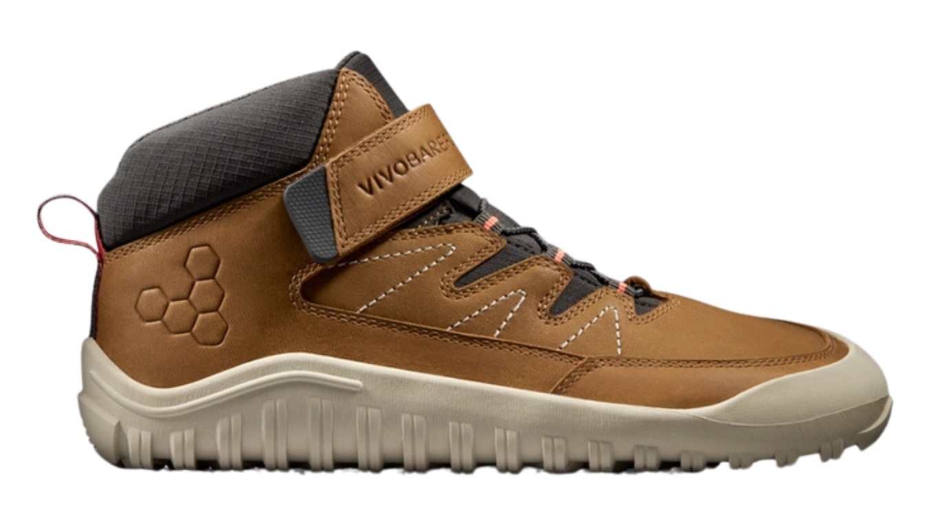 Barfußschuh mit Klettverschluss und Schnürung, breite Zehenbox, flexible Sohle, geschlossener Schaft, geschlossener Fersenbereich, Seitenansicht außen, einzelner Schuh