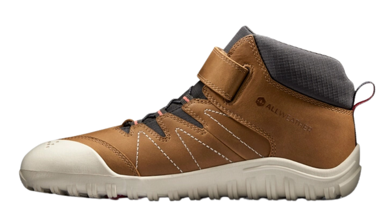 Barfußschuh mit Klettverschluss und Schnürung, breite Zehenbox, flexible Sohle, geschlossener Schaft, geschlossener Fersenbereich, Seitenansicht innen, einzelner Schuh