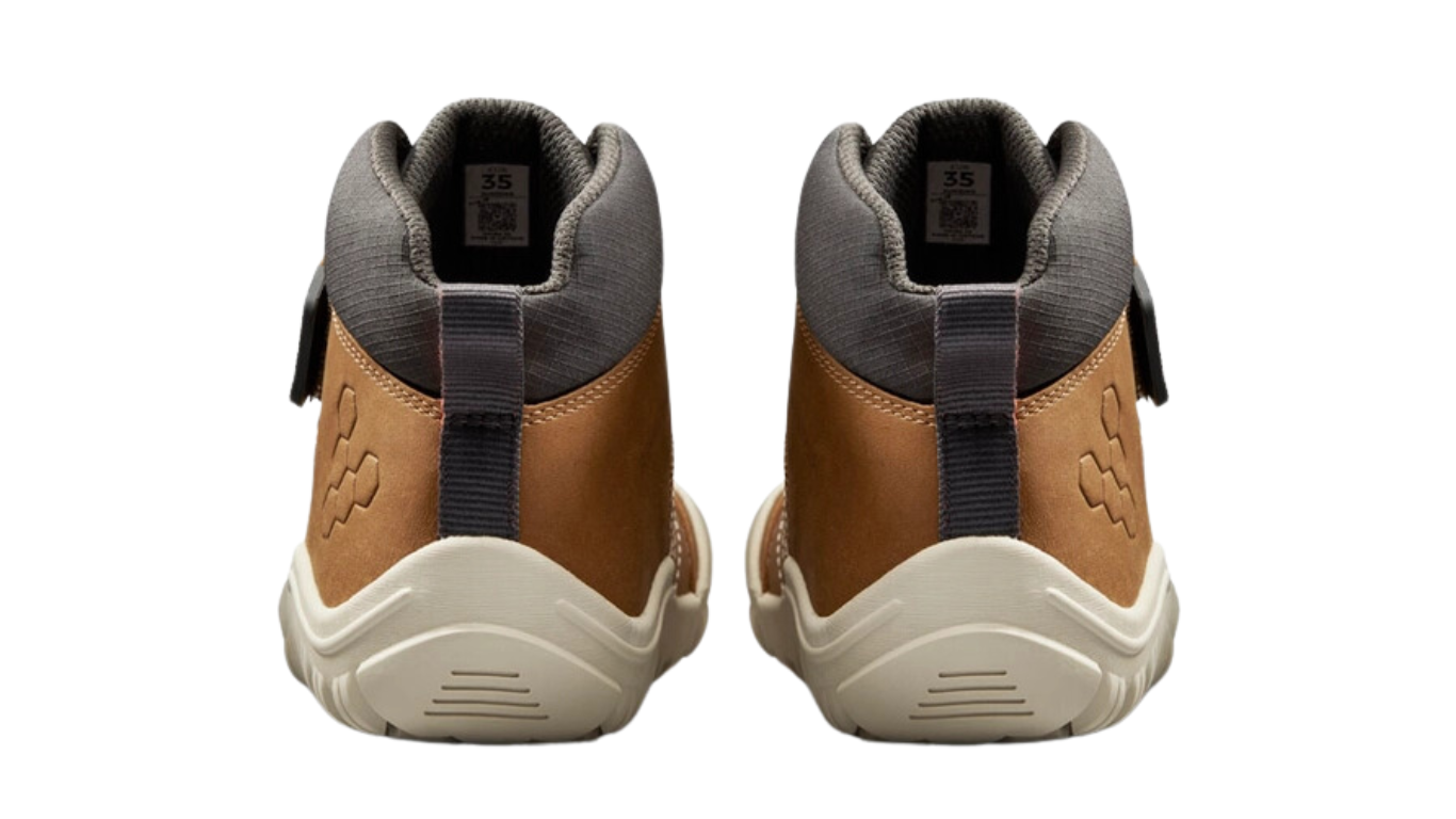 Barfußschuh mit Klettverschluss und Schnürung, breite Zehenbox, flexible Sohle, geschlossener Schaft, geschlossener Fersenbereich, Rückansicht als Paar