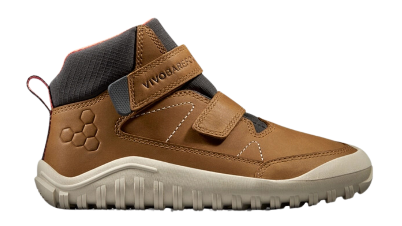 Barfußschuh mit zwei Klettverschlüssen, breite Zehenbox, flexible Sohle, geschlossener Schaft, geschlossener Fersenbereich, Seitenansicht außen, einzelner Schuh