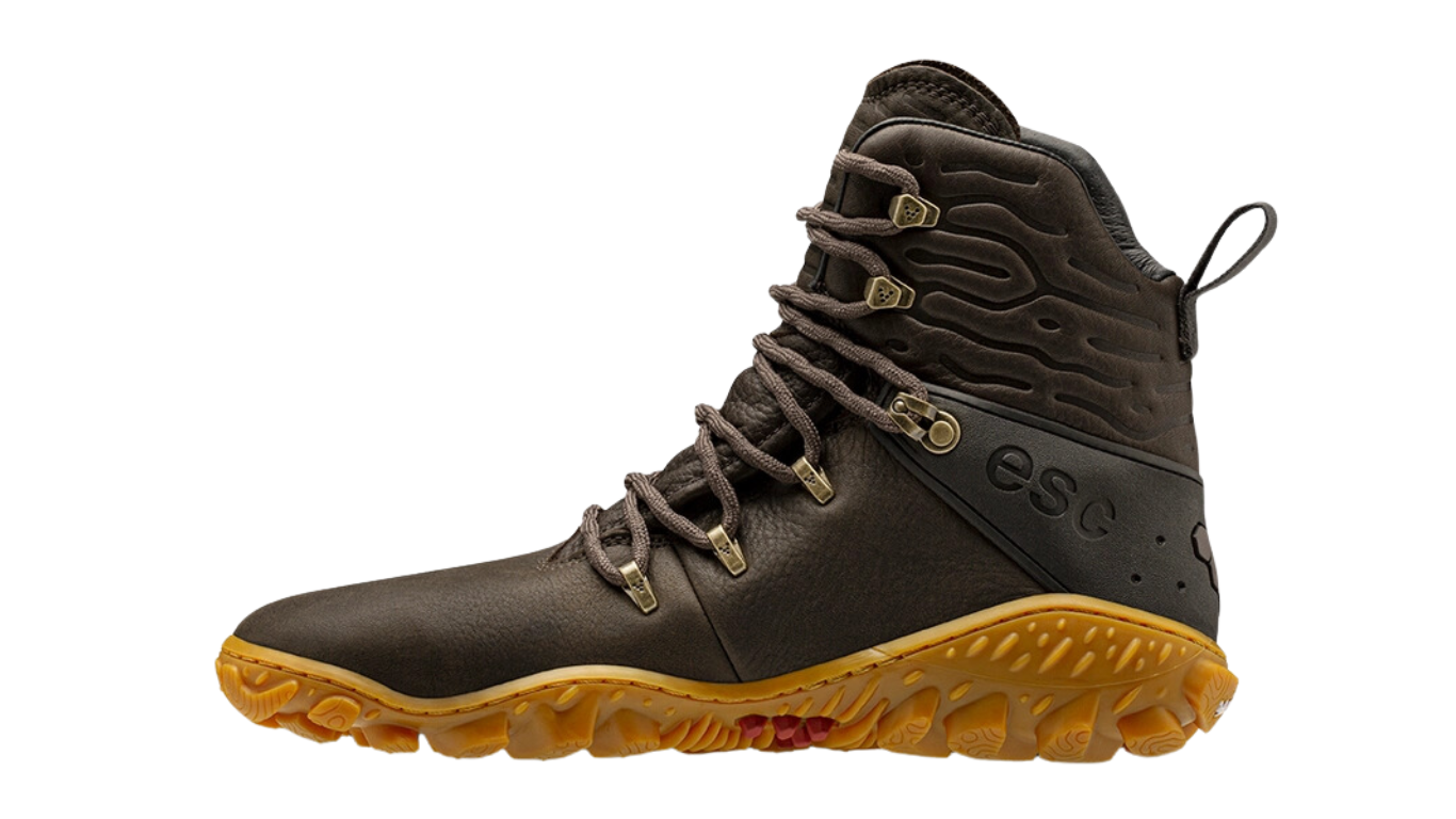 Barfußwanderstiefel, geschlossene Zehen und geschlossener Fersenbereich, Schnürung mit Ösen, profilierte Sohle, Einzelschuh, Seitenansicht innen
