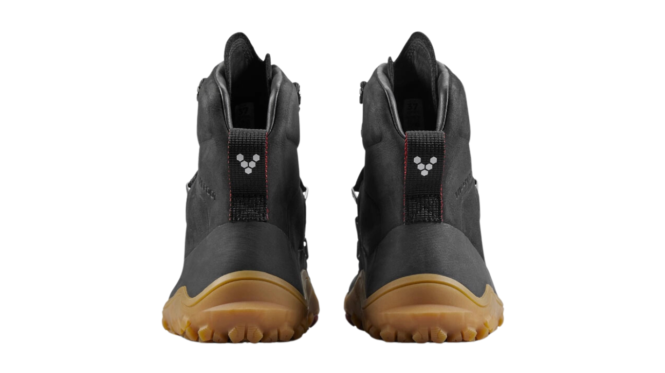 Barfußstiefel mit Schnürung, breite Zehenbox, flexible Sohle, hoher geschlossener Schaft, geschlossener Fersenbereich, Rückansicht als Paar