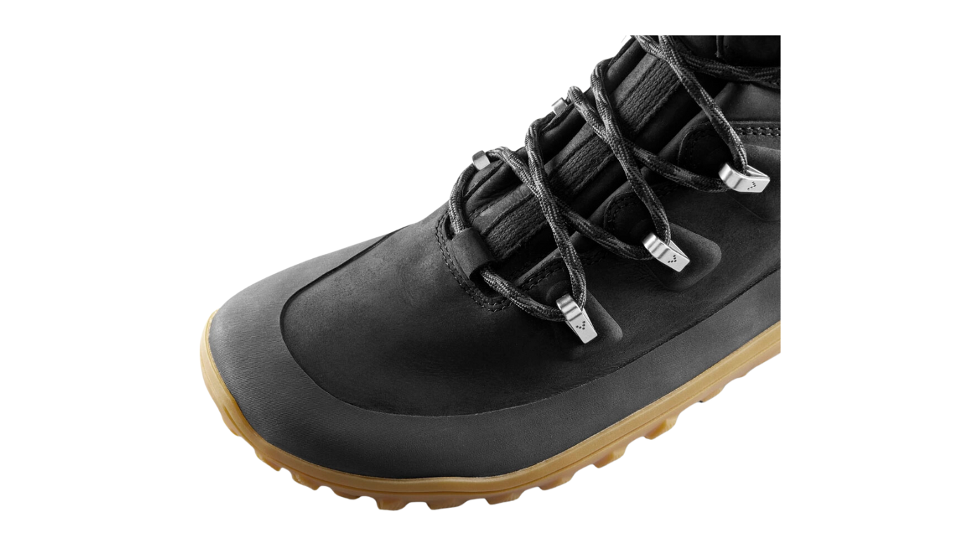 Barfußstiefel mit Schnürung, breite Zehenbox, flexible Sohle, hoher geschlossener Schaft, geschlossener Fersenbereich, Detailansicht Zehenbox