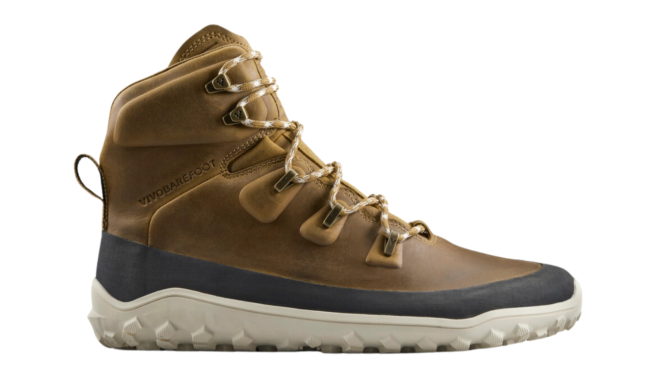 Barfußstiefel mit Schnürung, breite Zehenbox, flexible Sohle, hoher geschlossener Schaft, geschlossener Fersenbereich, Seitenansicht außen, einzelner Schuh