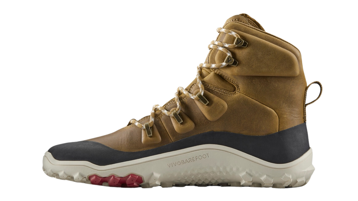 Barfußstiefel mit Schnürung, breite Zehenbox, flexible Sohle, hoher geschlossener Schaft, geschlossener Fersenbereich, Seitenansicht innen, einzelner Schuh