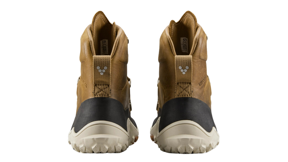 Barfußstiefel mit Schnürung, breite Zehenbox, flexible Sohle, hoher geschlossener Schaft, geschlossener Fersenbereich, Rückansicht als Paar
