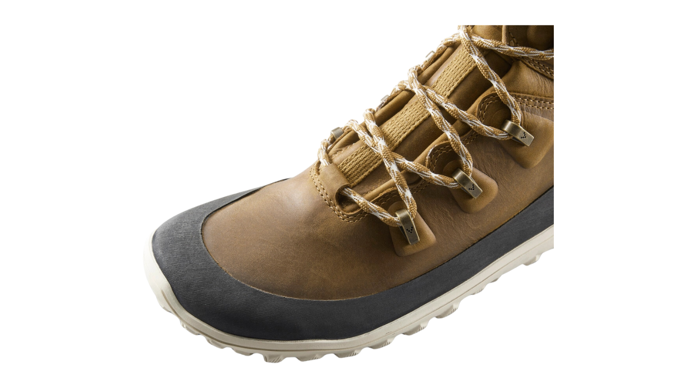 Barfußstiefel mit Schnürung, breite Zehenbox, flexible Sohle, hoher geschlossener Schaft, geschlossener Fersenbereich, Detailansicht Zehenbox