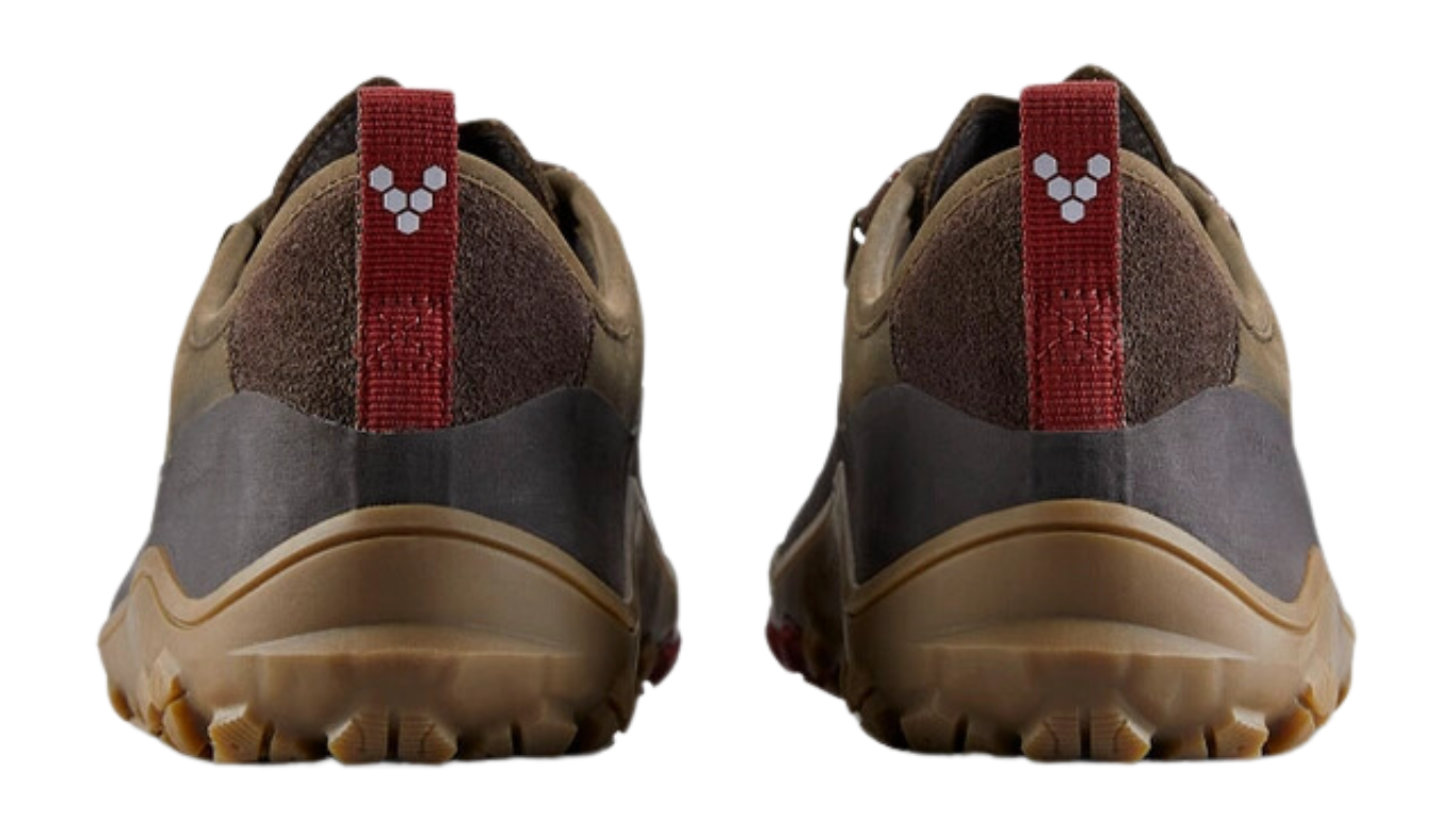 Barfußschuh, geschlossene Zehen und geschlossener Fersenbereich, Schnürung mit Ösen, profilierte Sohle, Rückansicht als Paar