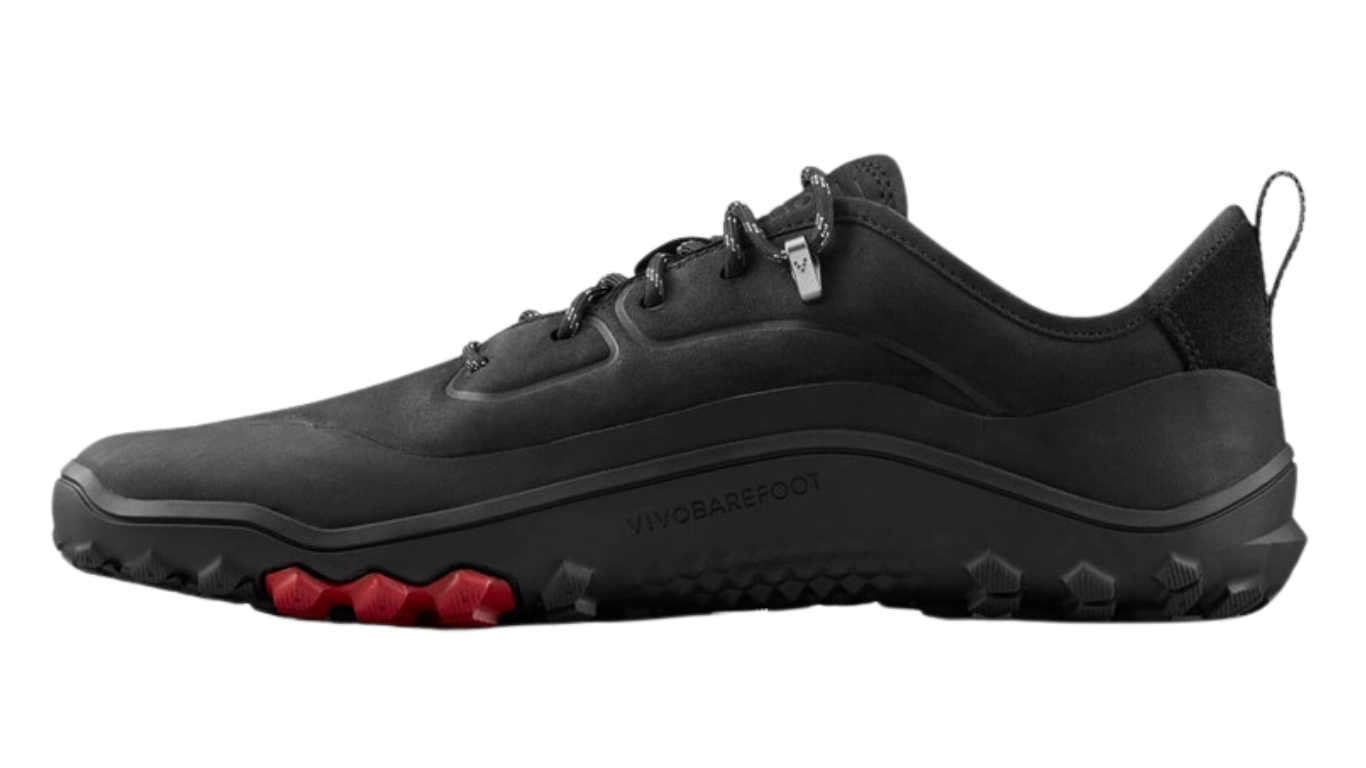 Barfußschuh, geschlossene Zehen und geschlossener Fersenbereich, Schnürung mit Ösen, profilierte Sohle, Einzelschuh, Seitenansicht innen