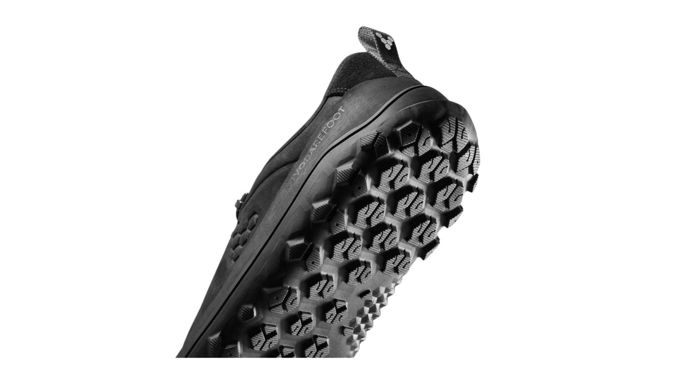 Barfußschuh, geschlossene Zehen und geschlossener Fersenbereich, Schnürung mit Ösen, profilierte Sohle, Einzelschuh, Detailansicht Fersenbereich