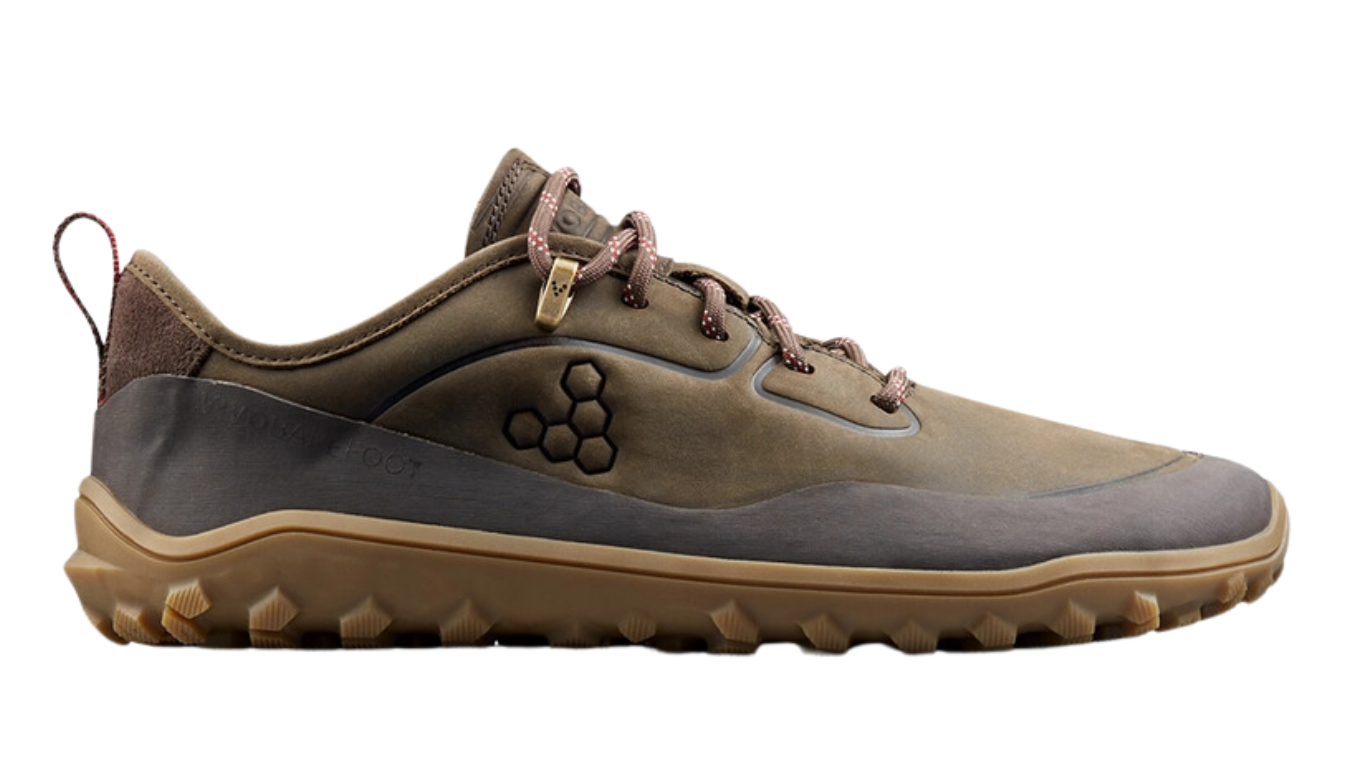 Barfußschuh, geschlossene Zehen und geschlossener Fersenbereich, Schnürung mit Ösen, profilierte Sohle, Seitenansicht außen, Einzelschuh