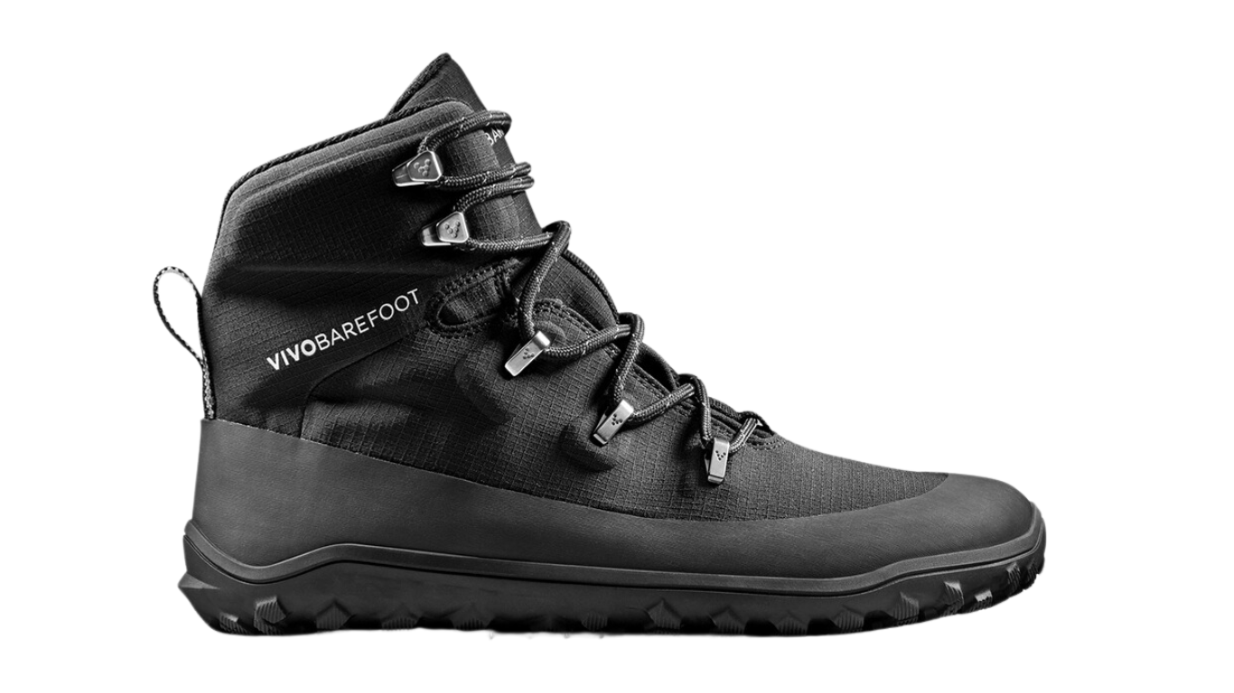 Barfußwanderstiefel, geschlossene Zehen und geschlossener Fersenbereich, Schnürung mit Ösen, profilierte Sohle, Seitenansicht außen, Einzelschuh