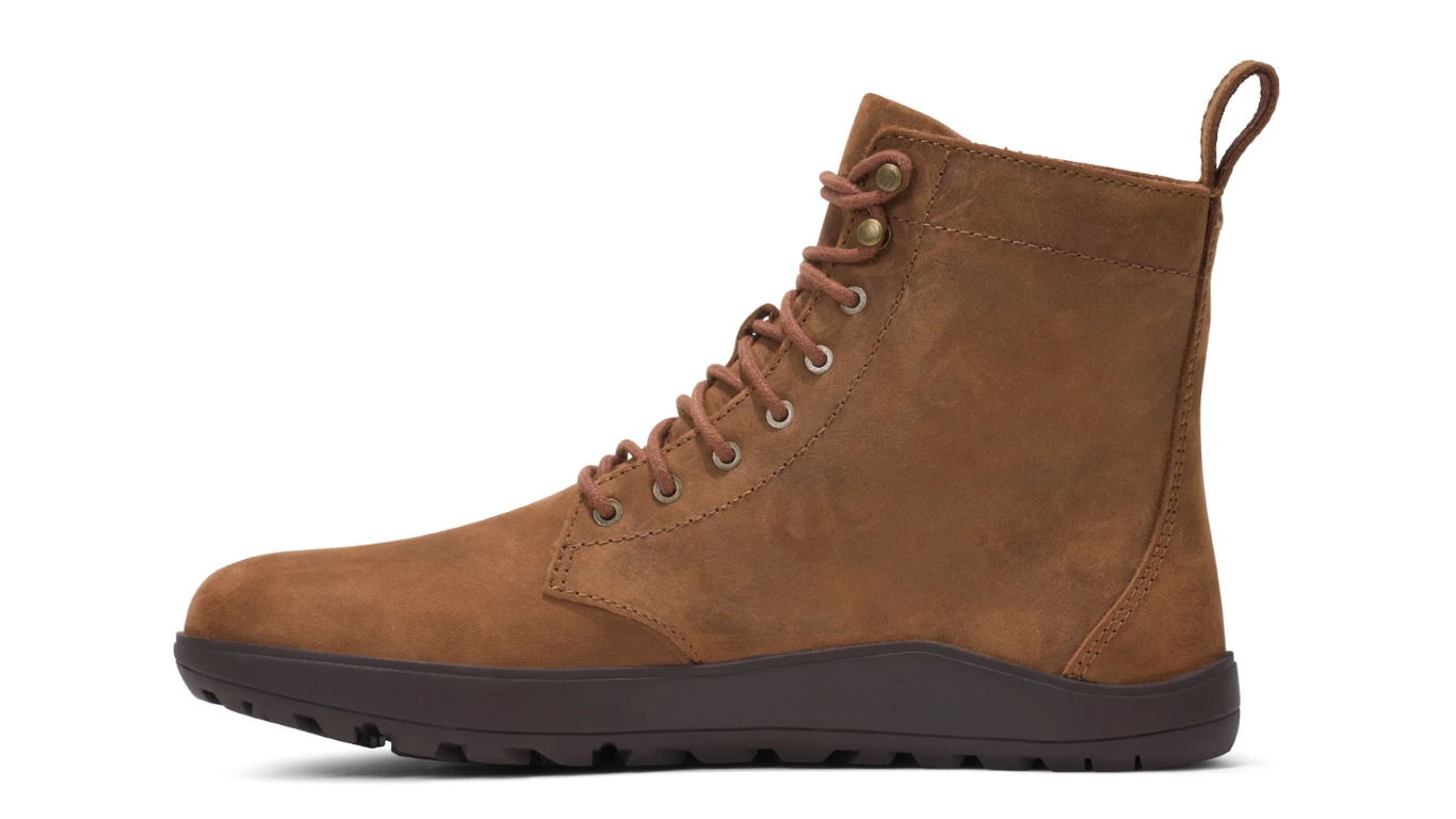 Barfußstiefel für Erwachsene mit Schnürung, breiter Zehenbox und profilierter Sohle, Seitenansicht innen
