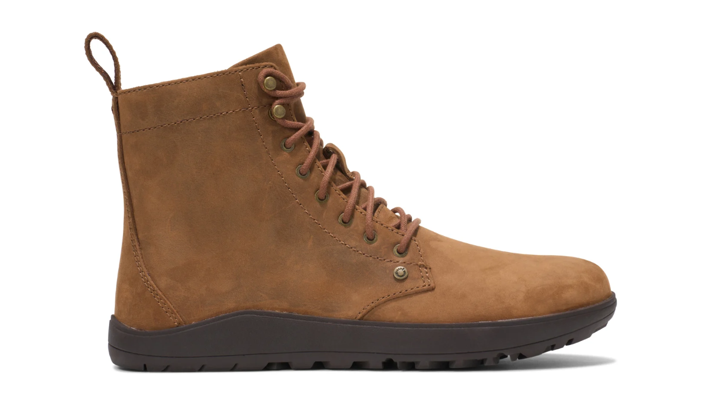 Barfußstiefel für Erwachsene mit Schnürung, breiter Zehenbox und profilierter Sohle, Seitenansicht außen