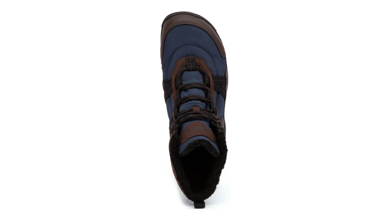 Barfußwinterstiefel, geschlossene Zehen und geschlossener Fersenbereich, Schnürung mit Ösen, profilierte Sohle, einzelner Schuh, Draufsicht