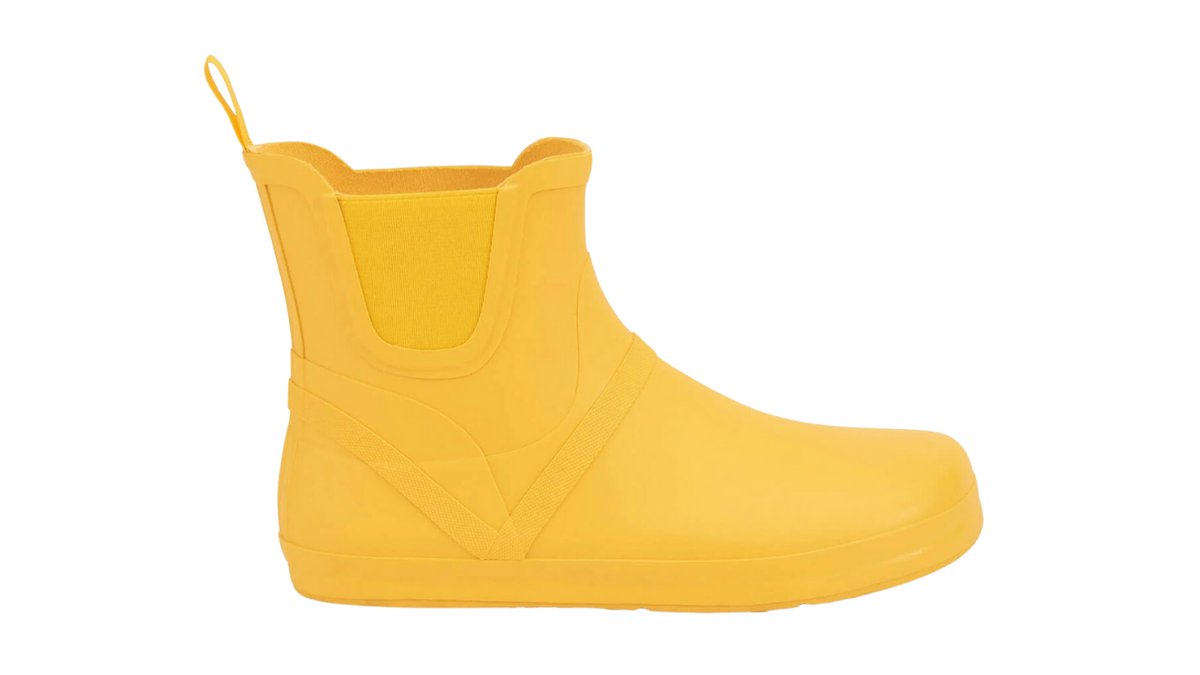 Barfußstiefel mit elastischem Einstieg, breite Zehenbox, flexible Sohle, geschlossener Schaft, geschlossener Fersenbereich, Seitenansicht außen, einzelner Schuh
