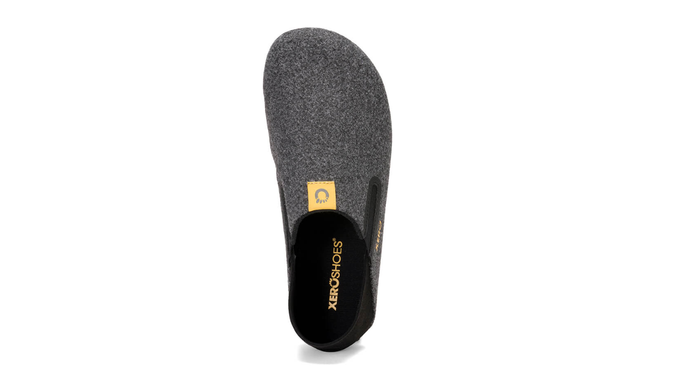 Barfußhausschuh, geschlossene Zehen und geschlossener Fersenbereich, elastischer Einstieg ohne Verschluss, flexible Sohle, einzelner Schuh, Draufsicht