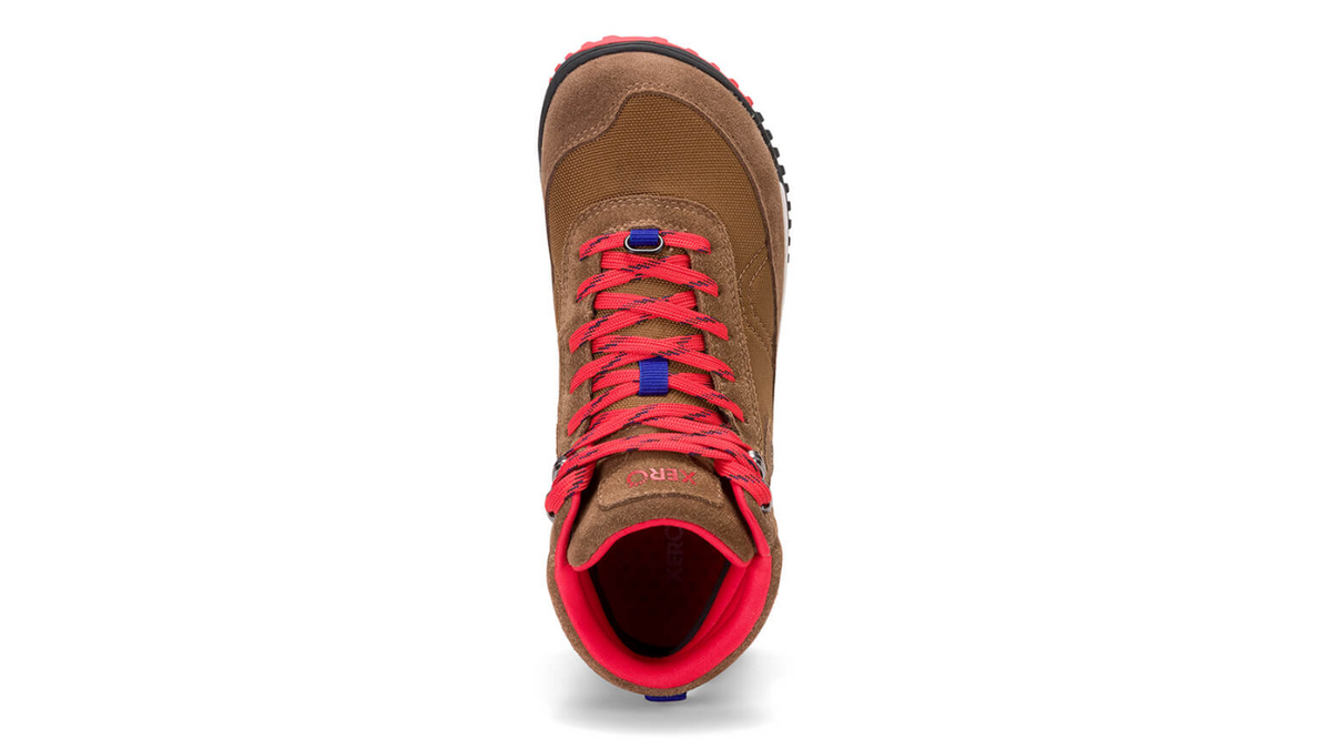 Barfußwanderstiefel, geschlossene Zehen und geschlossener Fersenbereich, Schnürung mit Ösen, profilierte Sohle, Draufsicht, einzelner Schuh