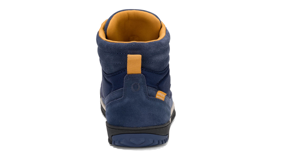 Barfußwanderstiefel, geschlossene Zehen und geschlossener Fersenbereich, Schnürung mit Ösen, profilierte Sohle,  einzelner Schuh, Rückansicht