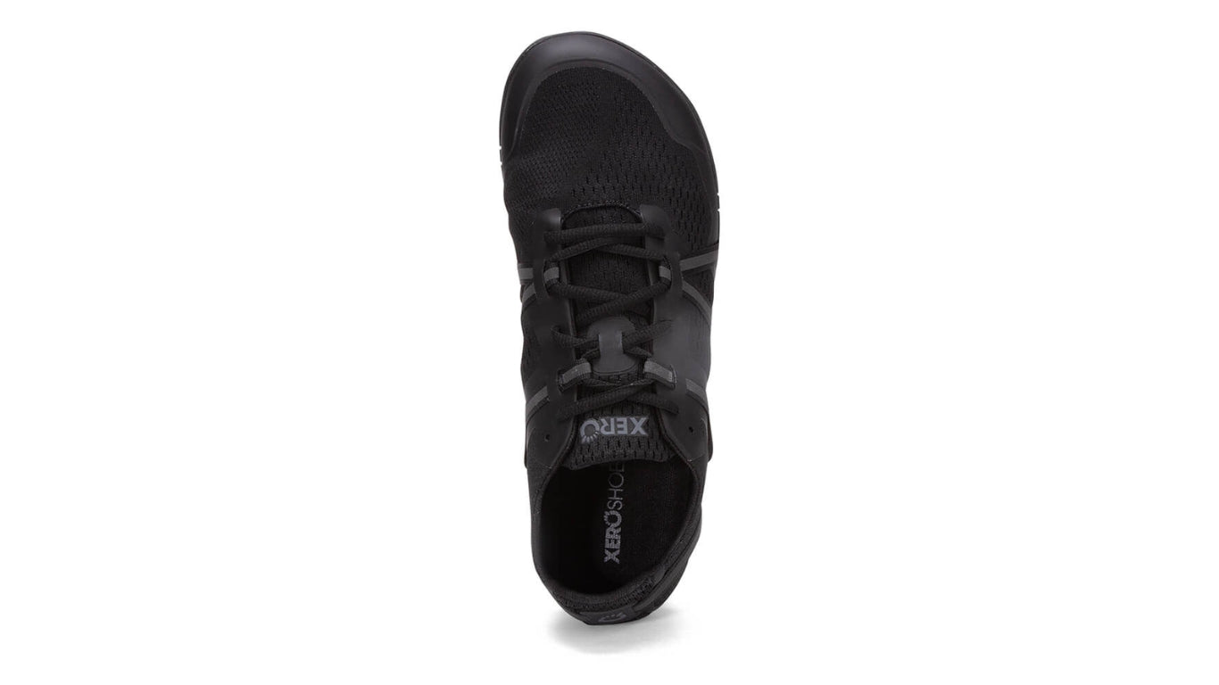 Barfußsportschuh für Erwachsene als einzelner Schuh, geschlossene Zehen, geschlossener Fersenbereich, Schnürung, Draufsicht.