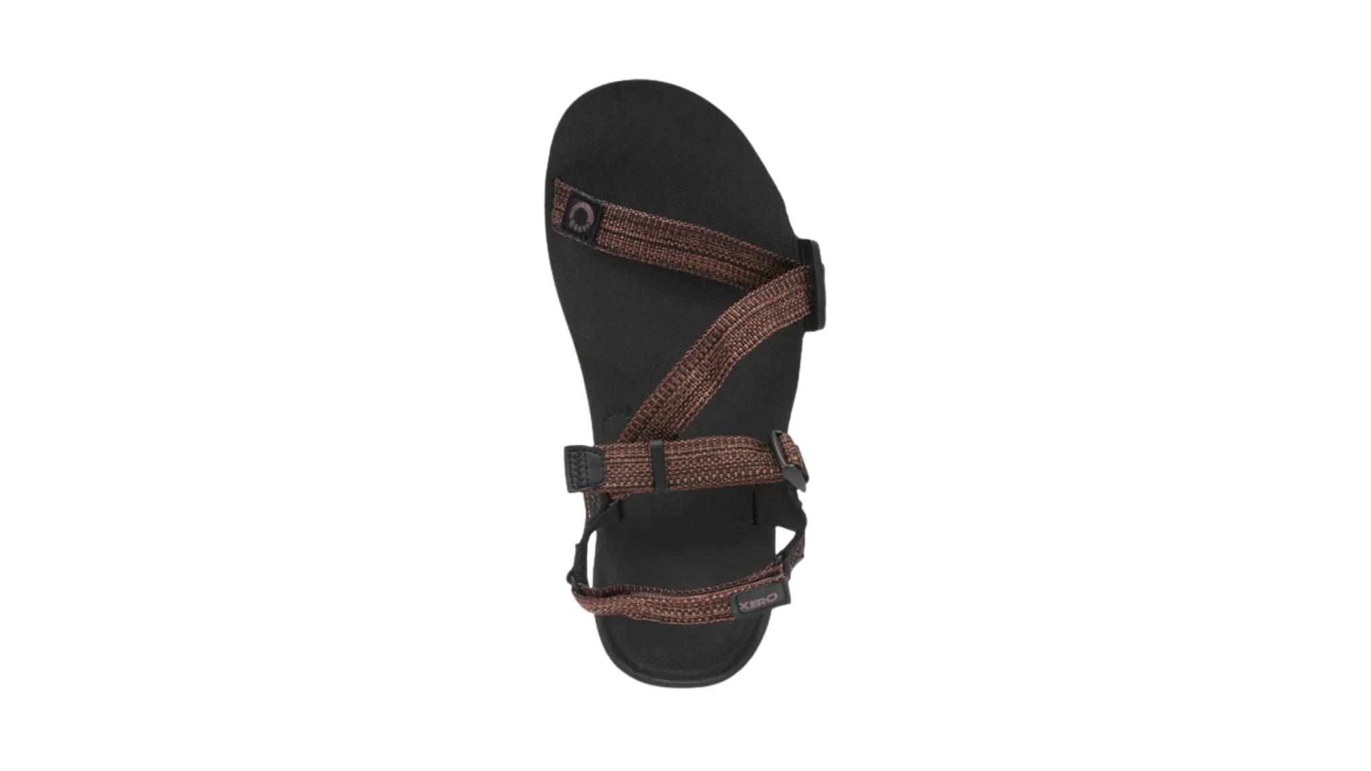 Barfußsandale, offene Zehen und offener Fersenbereich, Riemenkonstruktion mit verstellbaren Riemen, profilierte Sohle, Einzelschuh, Draufsicht