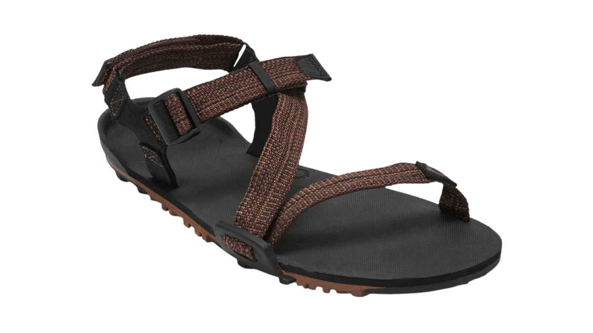 Barfußsandale, offene Zehen und offener Fersenbereich, Riemenkonstruktion mit verstellbaren Riemen, profilierte Sohle, Einzelschuh, schräge Vorderansicht