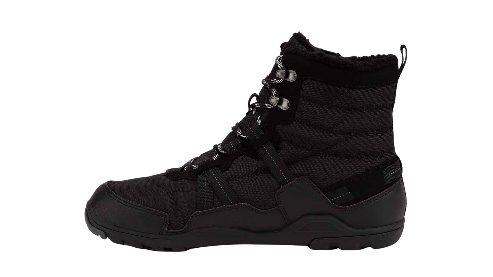 Barfußwinterstiefel, geschlossene Zehen und geschlossener Fersenbereich, Schnürung mit Ösen, profilierte Sohle, einzelner Schuh, Seitenansicht innen