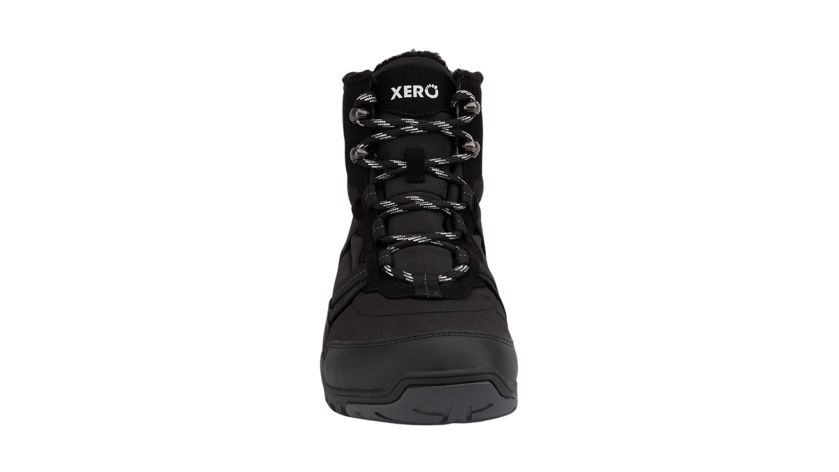 Barfußwinterstiefel, geschlossene Zehen und geschlossener Fersenbereich, Schnürung mit Ösen, profilierte Sohle, einzelner Schuh, Vorderansicht