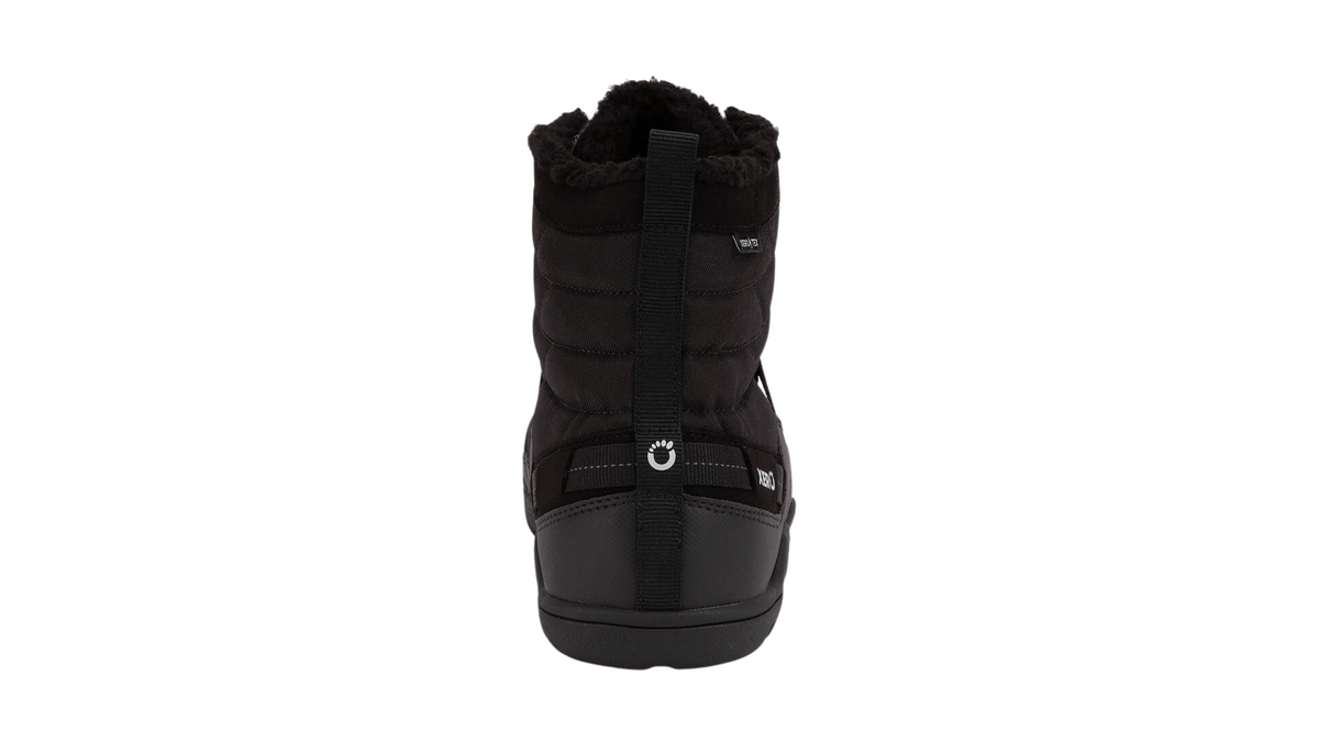 Barfußwinterstiefel, geschlossene Zehen und geschlossener Fersenbereich, Schnürung mit Ösen, profilierte Sohle, einzelner Schuh, Rückansicht