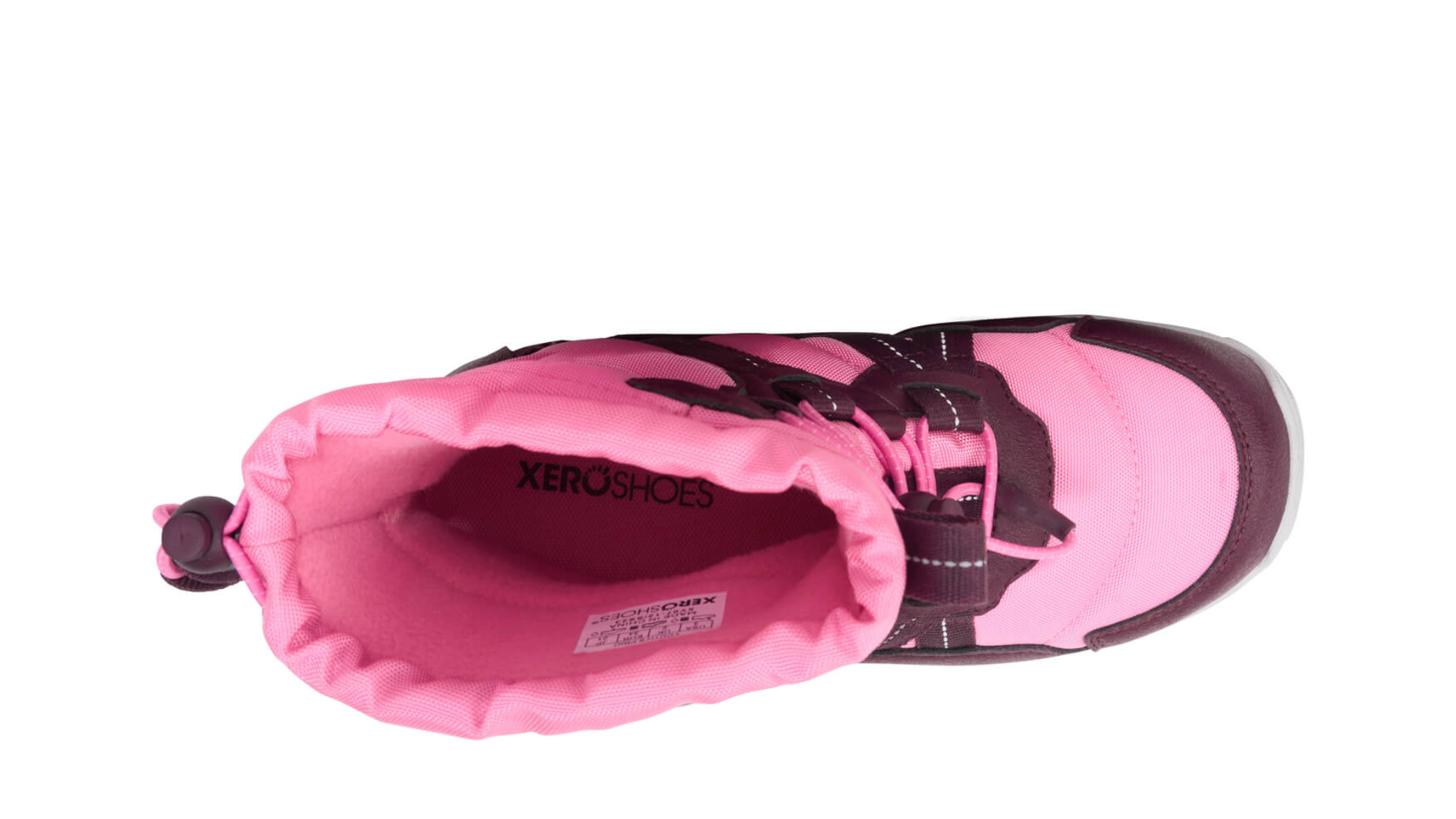 Barfußwinterstiefel als Einzelschuh, geschlossene Zehen und geschlossener Fersenbereich, Schnürung mit Kordelzug, profilierte Sohle, Draufsicht