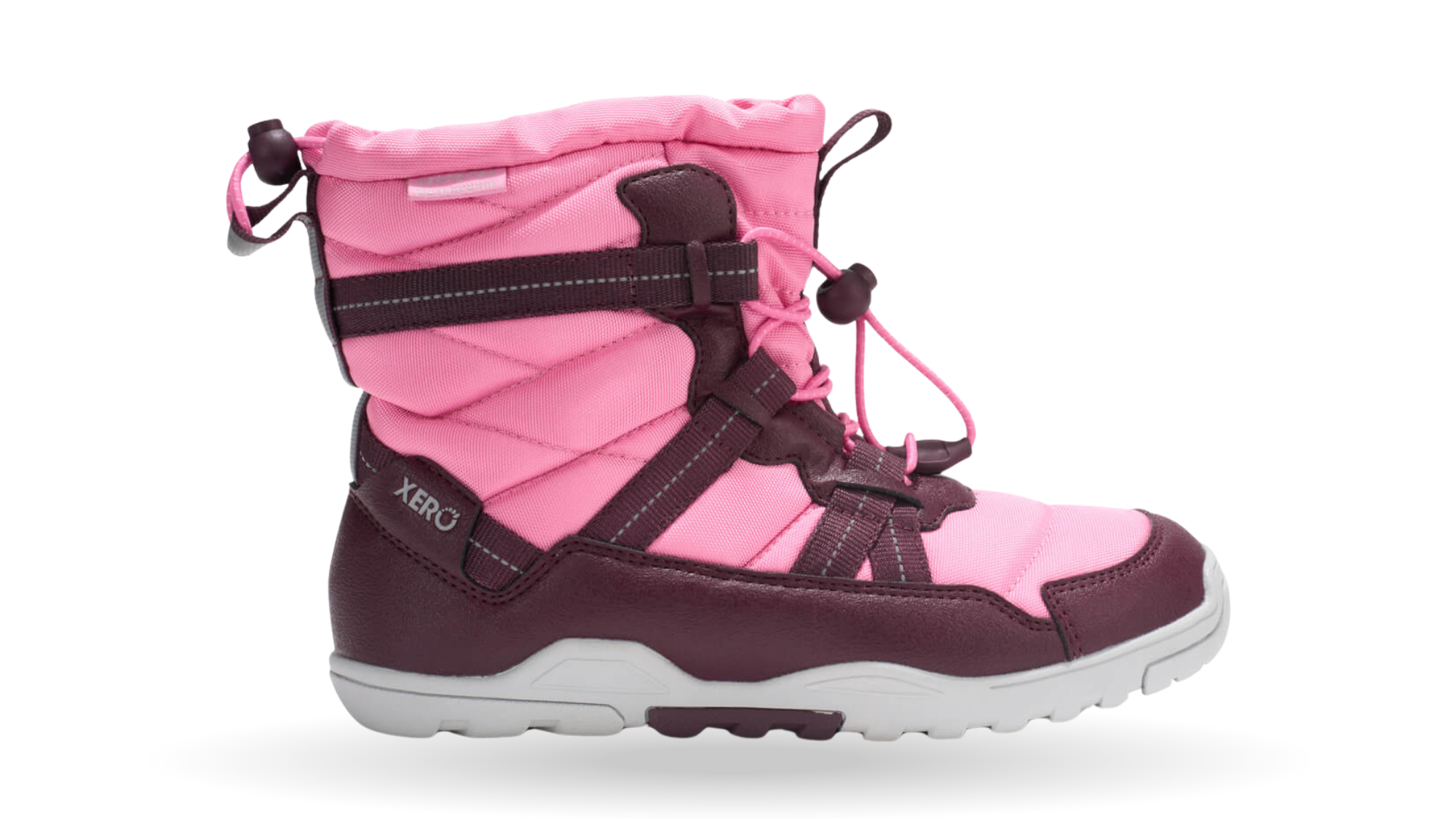 Barfußwinterstiefel als Einzelschuh, geschlossene Zehen und geschlossener Fersenbereich, Schnürung mit Kordelzug, profilierte Sohle, Seitenansicht außen