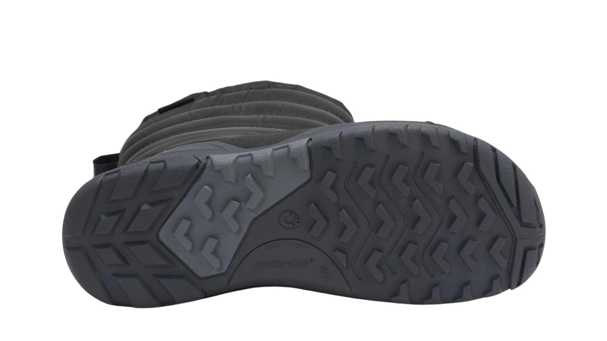 Barfußwinterstiefel als Einzelschuh, geschlossene Zehen und geschlossener Fersenbereich, Kordelzug am Schaft, profilierte Sohle, Ansicht von unten